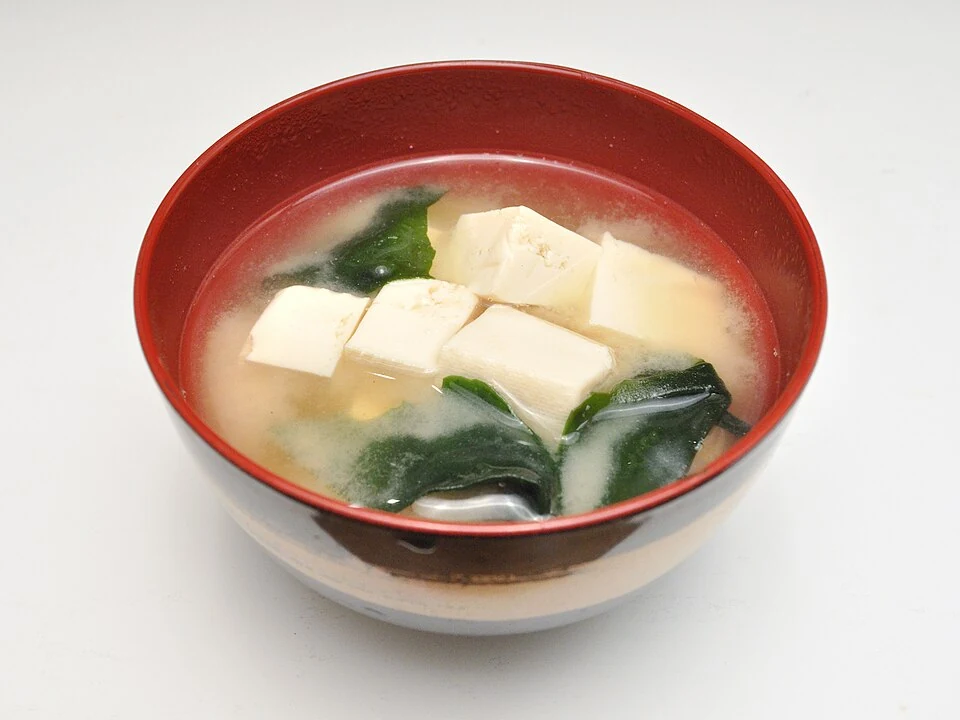 Miso soup with tofu and seaweed — real photograph