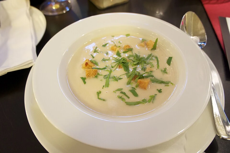 White bean soup with croutons — real photograph
